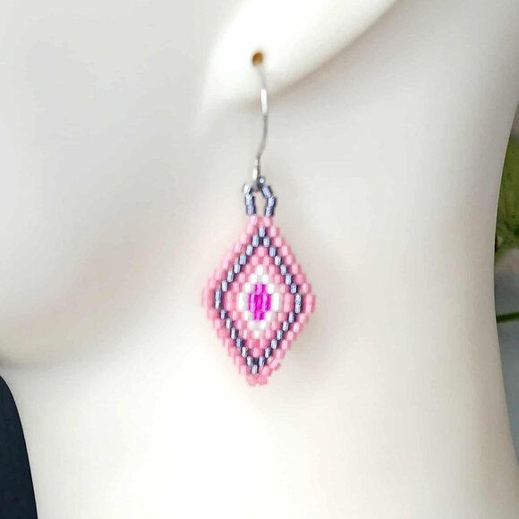Seed Bead Diamond Geometric Dangle Earrings, Beaded Jewelry, Pink & Purple, 2" - Picture 1 of 7